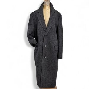 vintage USA made TWEED donegal wool 46 charcoal gray OVERCOAT herringbone trench